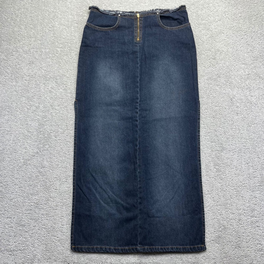 VINTAGE Bubblegum Denim Maci Skirt Womens 7/8 Blue Dark Wash Jean Side Slit USA